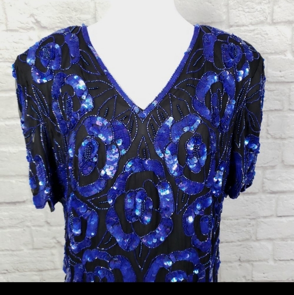 Stenay Royal Blue Sequin Beaded Black Silk Blouse - Picture 3 of 5